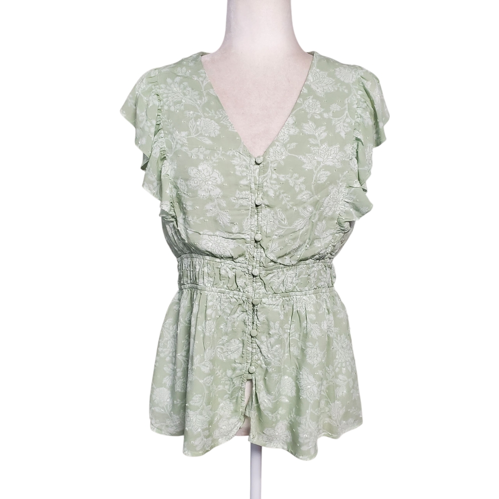 Doe & Rae Peplum Blouse Womens Size Small Green Floral V Neck Ruffle Sleeve Top